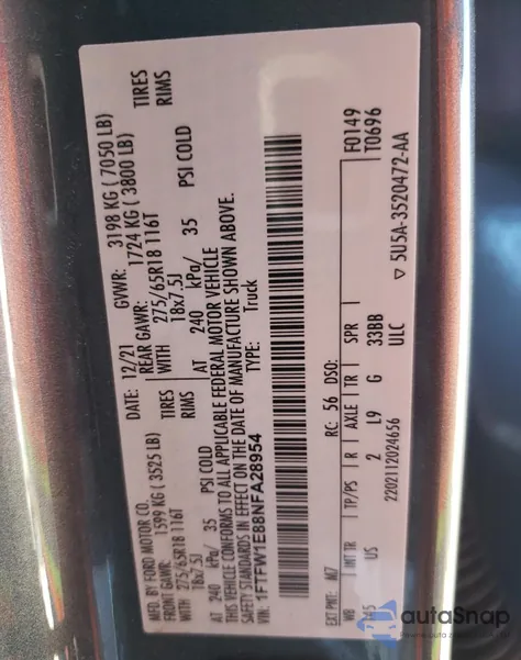 2022 Ford F150 Supercrew из США, поврежденный, VIN 1FTFW1E88NFA28954